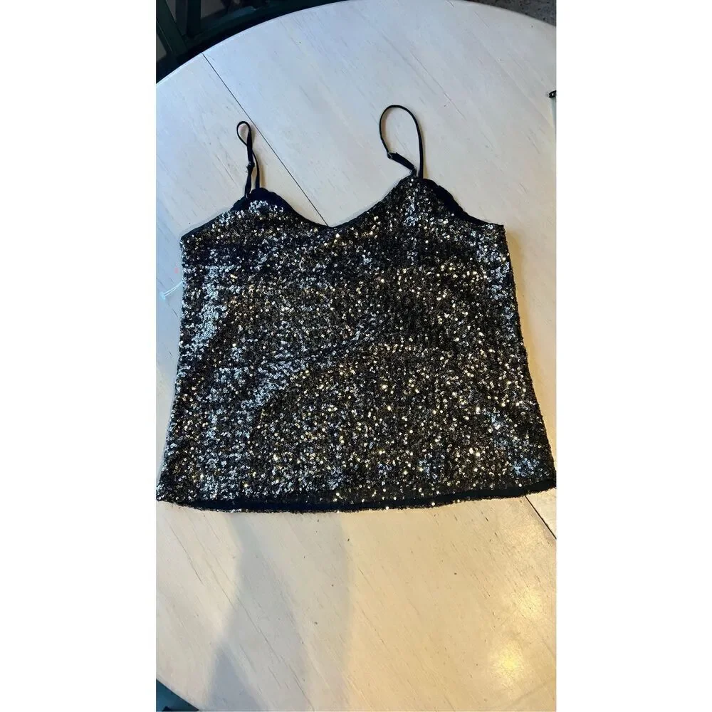 Carmen Marc Valvo Black Gold Sequin Spaghetti Strap Camisole Blouse SZ S (4/6) - Picture 9 of 9
